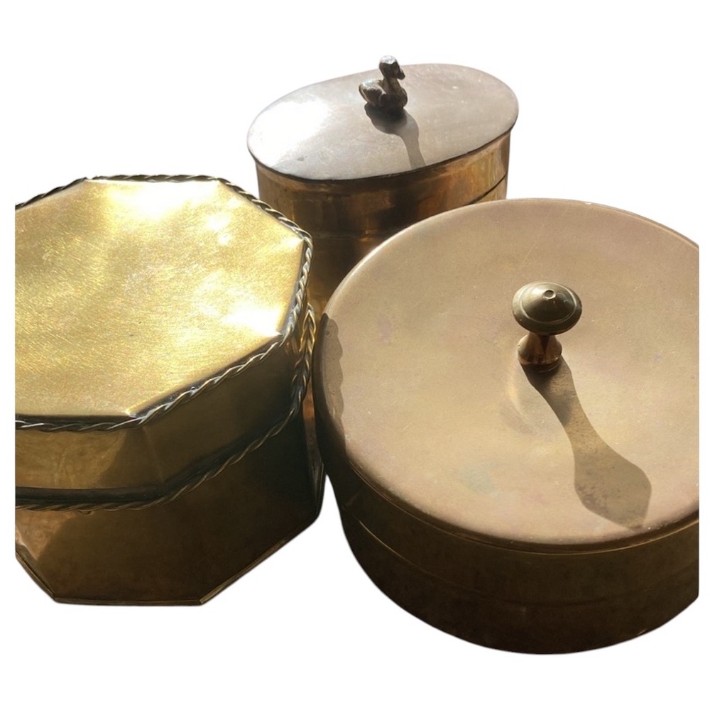 Brass Trinket Boxes Set/3 1 Has Duck Knob, 1 stamped 23, 1 Stamped 44
